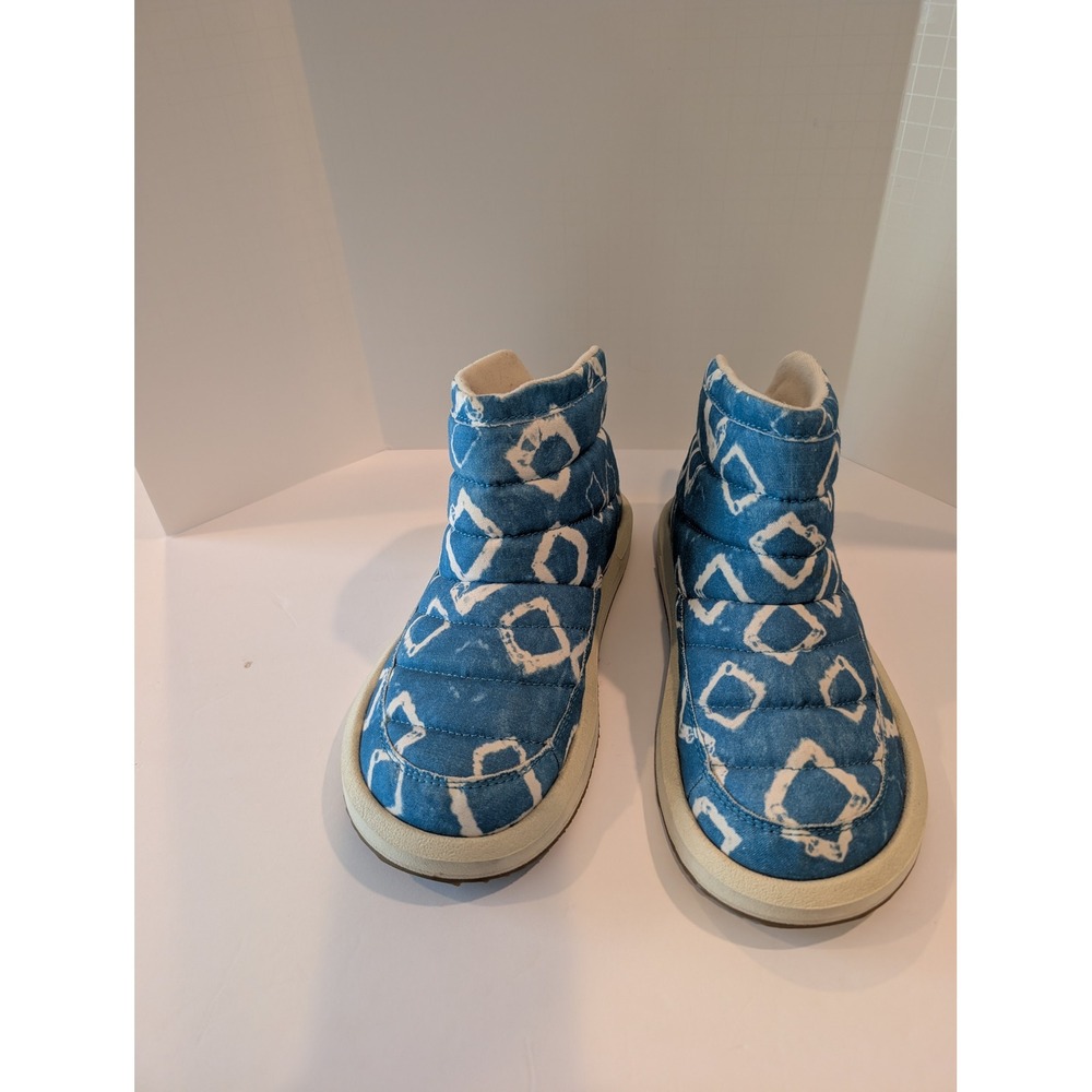 Sanuk Puff N Chill Ankle Boots 6.5  Blue White Quilted Puffer Slip On Women